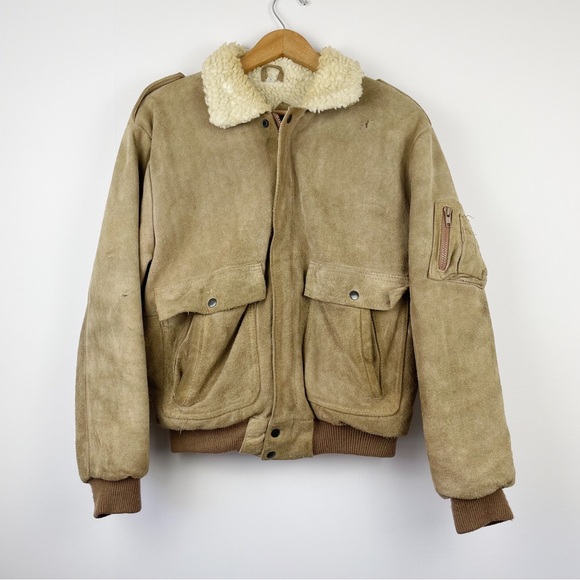 Vintage 70s Style Sherpa Lined Suede Bomber Jacket - Picture 1 of 10